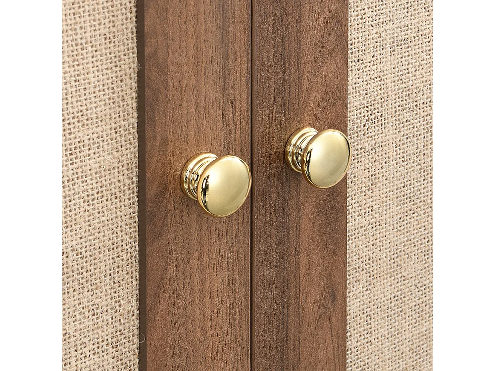 Armoire élégante portes tissu tiroir penderie aspect noyer pieds bois espace rangement vêtements chambre dressing