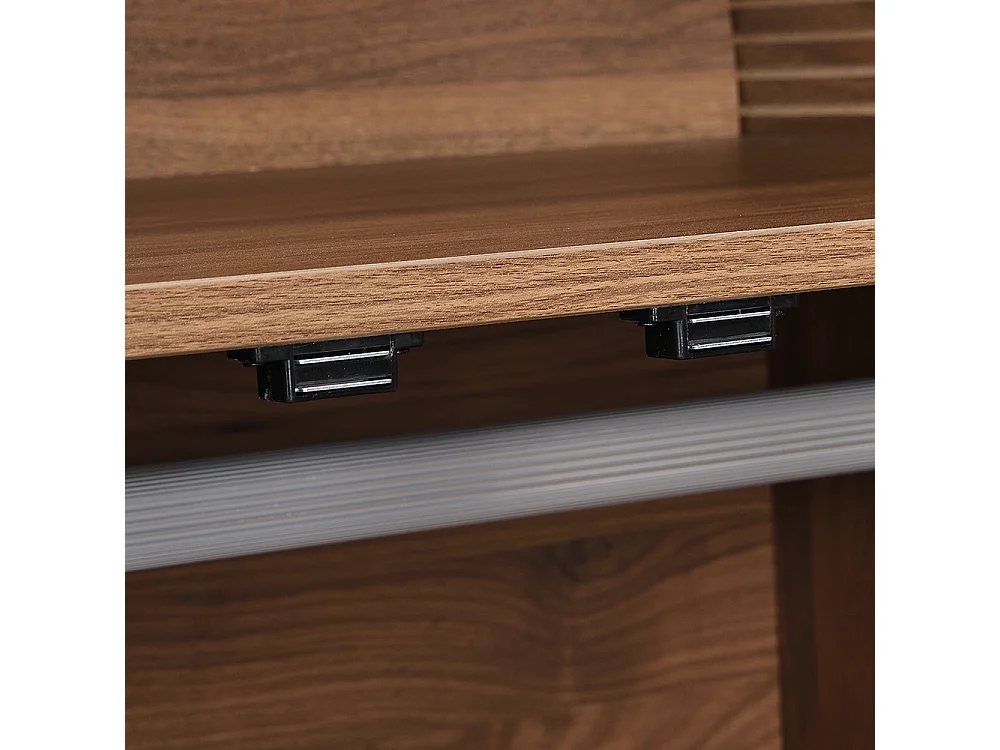 Armoire élégante portes tissu tiroir penderie aspect noyer pieds bois espace rangement vêtements chambre dressing