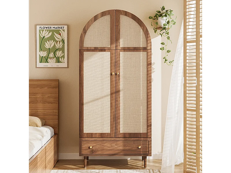 Armoire élégante portes tissu tiroir penderie aspect noyer pieds bois espace rangement vêtements chambre dressing