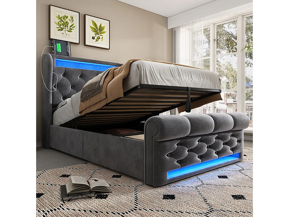 Lit coffre rembourré 90x200 cm avec éclairage LED tête de lit avec ports USB et Type-C gris velours
