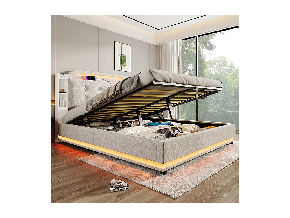Lit coffre rembourré 140x200 cm bande LED rangement hydraulique plusieurs compartiments USB+TYPE-C lin sans matelas beige