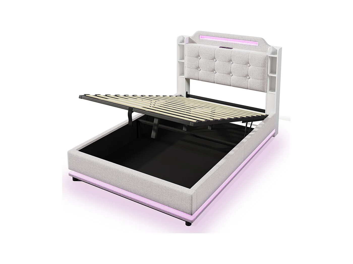 Lit coffre rembourré 140x200 cm bande LED rangement hydraulique plusieurs compartiments USB+TYPE-C lin sans matelas beige