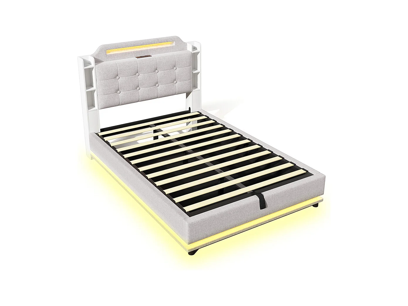 Lit coffre rembourré 140x200 cm bande LED rangement hydraulique plusieurs compartiments USB+TYPE-C lin sans matelas beige