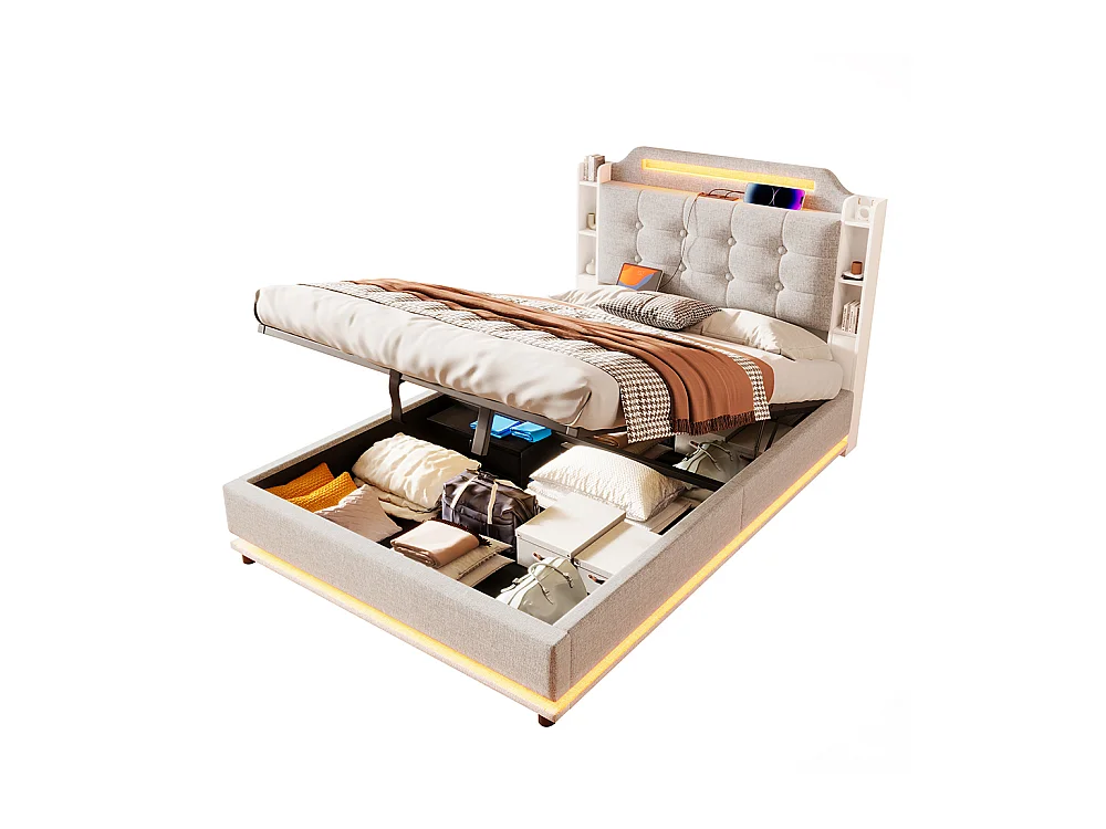 Lit coffre rembourré 140x200 cm bande LED rangement hydraulique plusieurs compartiments USB+TYPE-C lin sans matelas beige