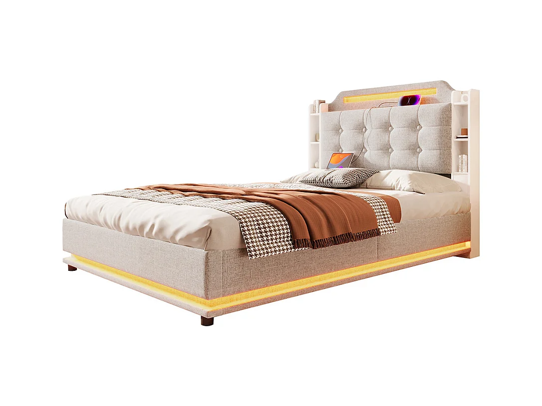 Lit coffre rembourré 140x200 cm bande LED rangement hydraulique plusieurs compartiments USB+TYPE-C lin sans matelas beige