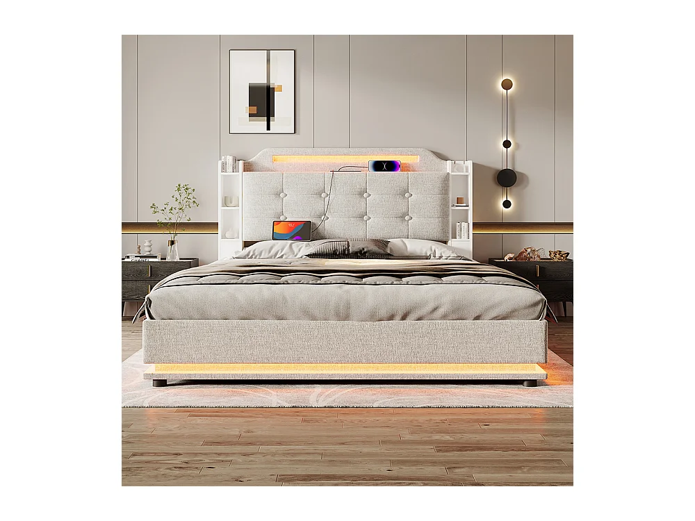 Lit coffre rembourré 140x200 cm bande LED rangement hydraulique plusieurs compartiments USB+TYPE-C lin sans matelas beige