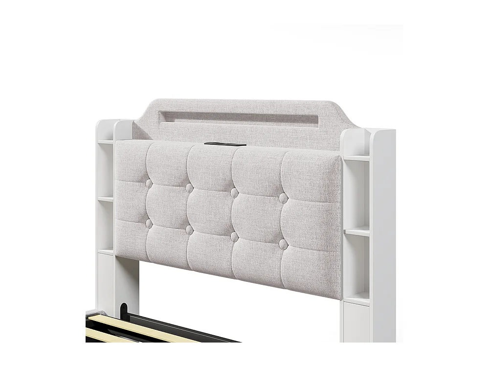 Lit coffre rembourré 140x200 cm bande LED rangement hydraulique plusieurs compartiments USB+TYPE-C lin sans matelas beige