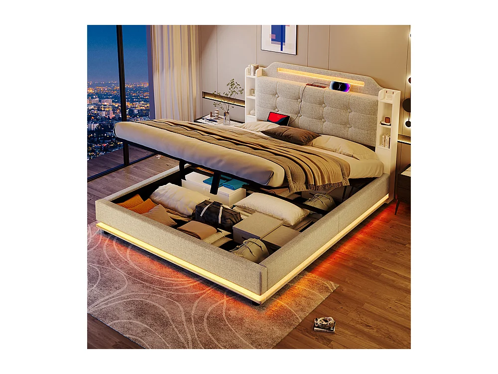 Lit coffre rembourré 140x200 cm bande LED rangement hydraulique plusieurs compartiments USB+TYPE-C lin sans matelas beige
