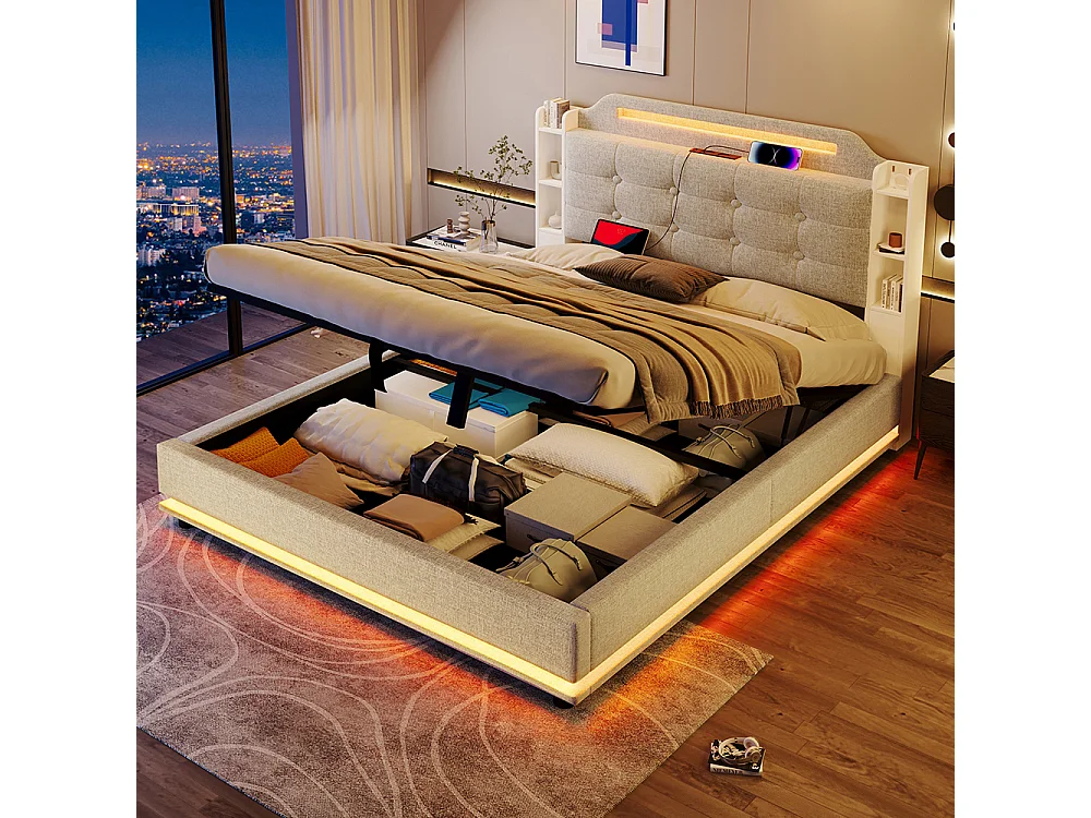 Lit coffre rembourré 140x200 cm bande LED rangement hydraulique plusieurs compartiments USB+TYPE-C lin sans matelas beige