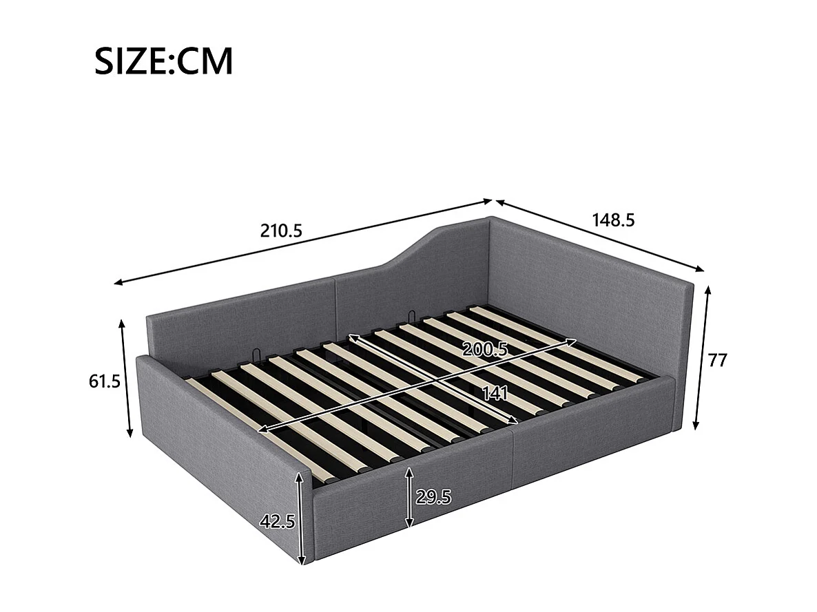 Lit coffre rembourré 140x200 rangement dessous gris
