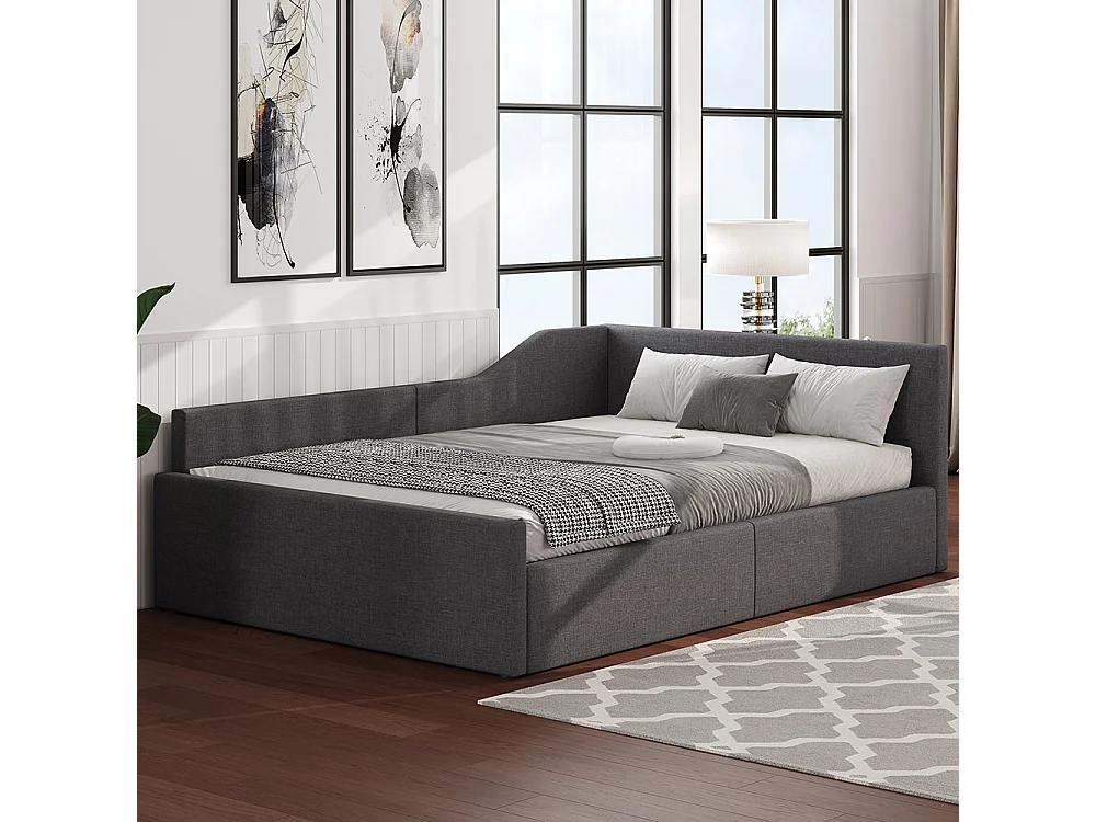 Lit coffre rembourré 140x200 rangement dessous gris