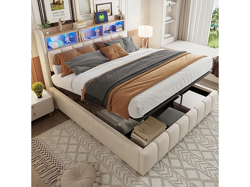 Lit coffre 180x200 avec éclairage LED et port USB tête de lit avec tablettes et espace de rangement avec espace de rangement hydraulique lin beige
