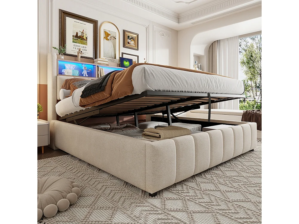 Lit coffre 180x200 avec éclairage LED et port USB tête de lit avec tablettes et espace de rangement avec espace de rangement hydraulique lin beige