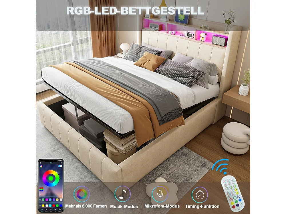 Lit coffre 180x200 avec éclairage LED et port USB tête de lit avec tablettes et espace de rangement avec espace de rangement hydraulique lin beige