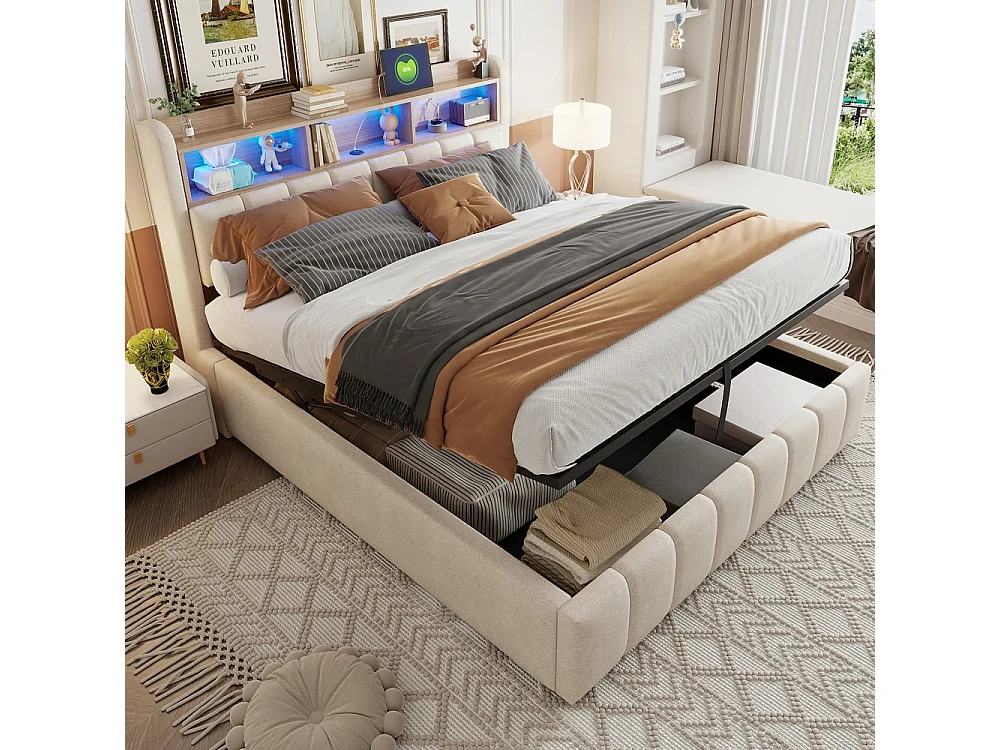 Lit coffre 180x200 avec éclairage LED et port USB tête de lit avec tablettes et espace de rangement avec espace de rangement hydraulique lin beige