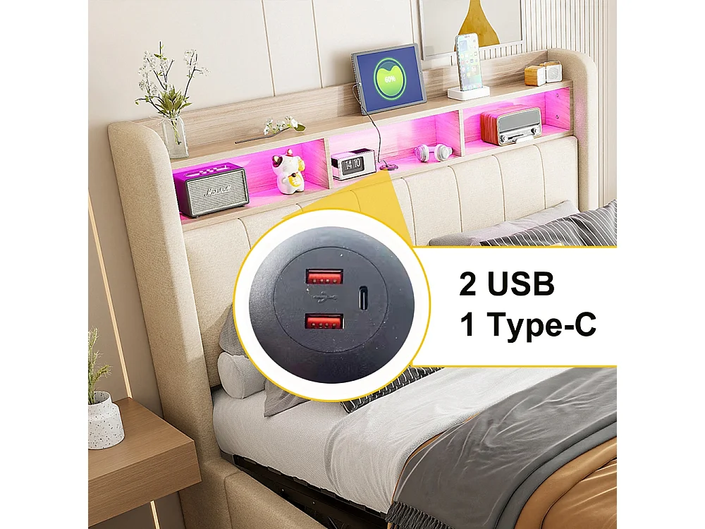 Lit coffre 180x200 avec éclairage LED et port USB tête de lit avec tablettes et espace de rangement avec espace de rangement hydraulique lin beige