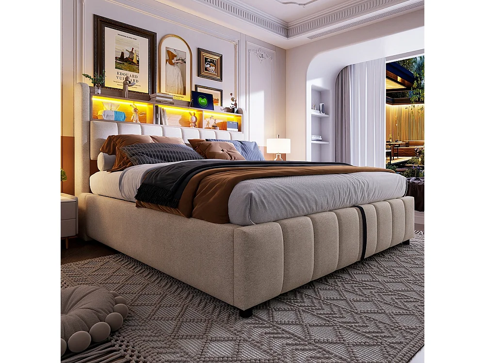 Lit coffre 180x200 avec éclairage LED et port USB tête de lit avec tablettes et espace de rangement avec espace de rangement hydraulique lin beige