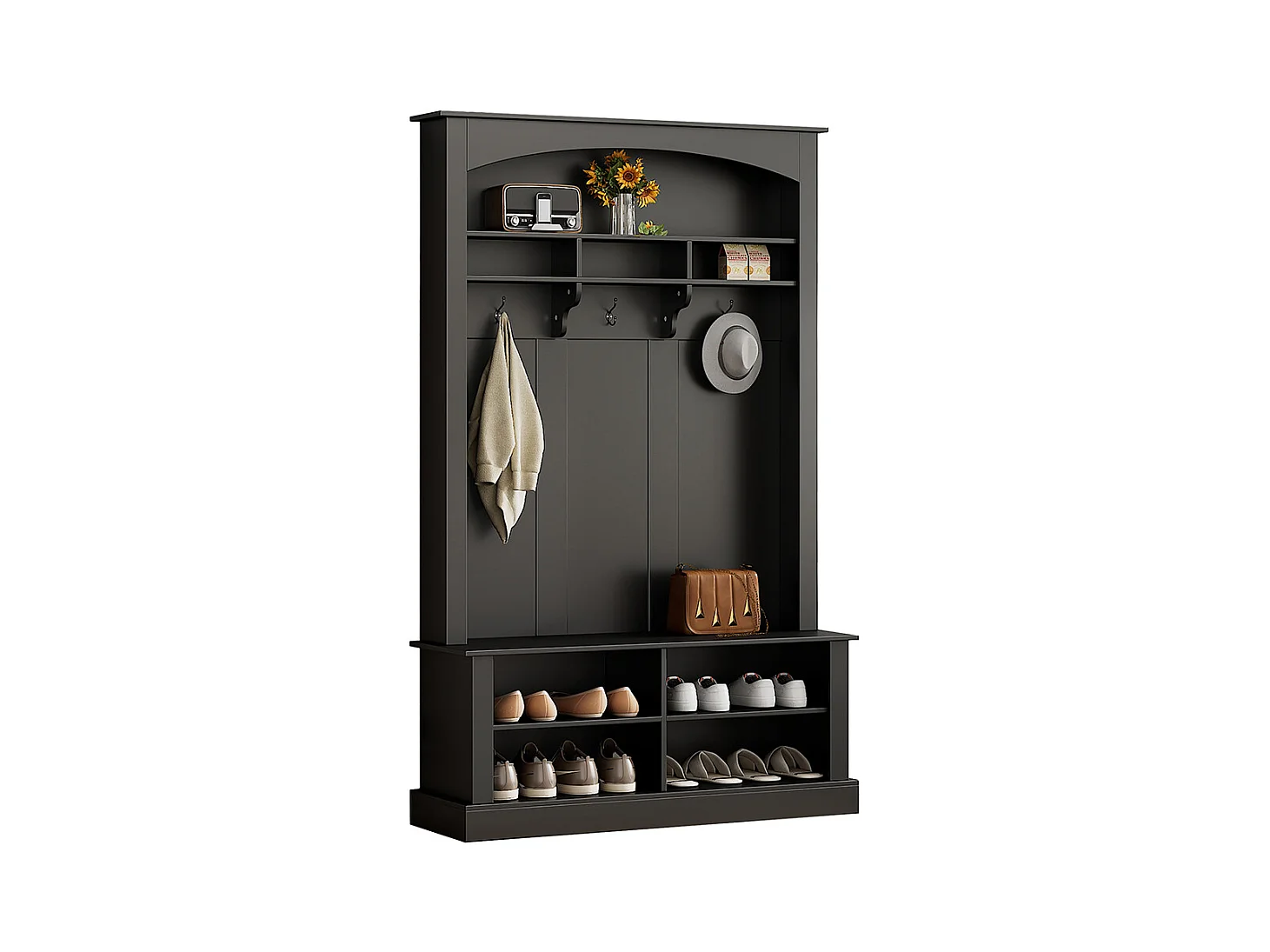 Vestiaire noir banc rangement chaussures multifonctionnel 3 crochets suspendus espace rangement ouvert étagères couloir