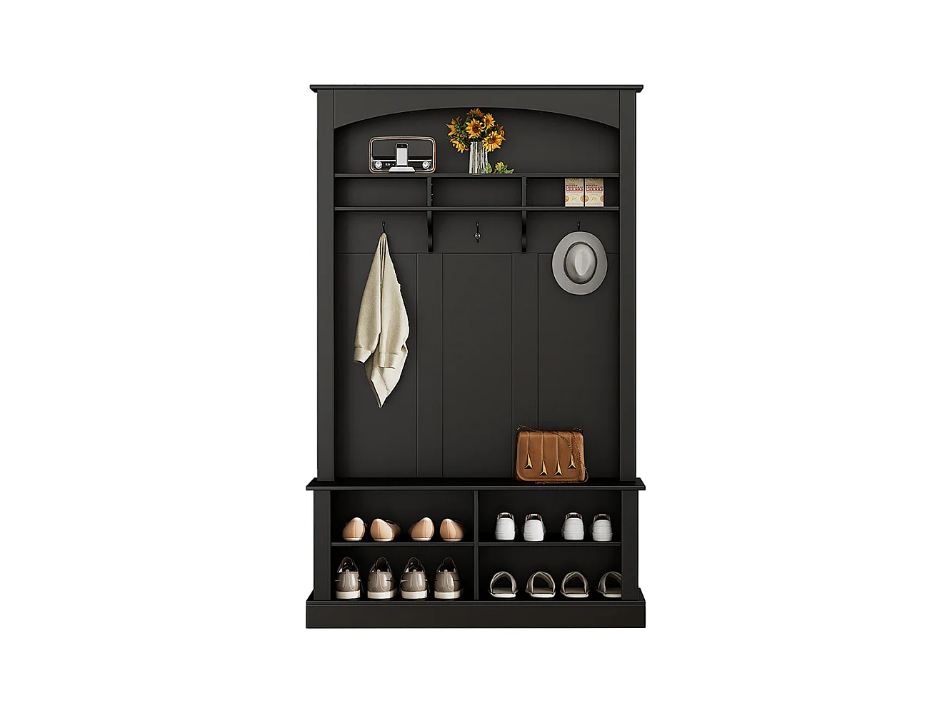 Vestiaire noir banc rangement chaussures multifonctionnel 3 crochets suspendus espace rangement ouvert étagères couloir