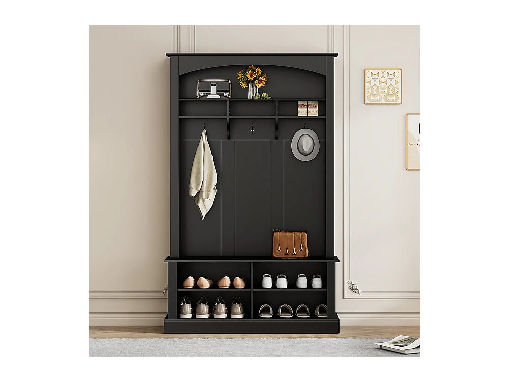 Vestiaire noir banc rangement chaussures multifonctionnel 3 crochets suspendus espace rangement ouvert étagères couloir