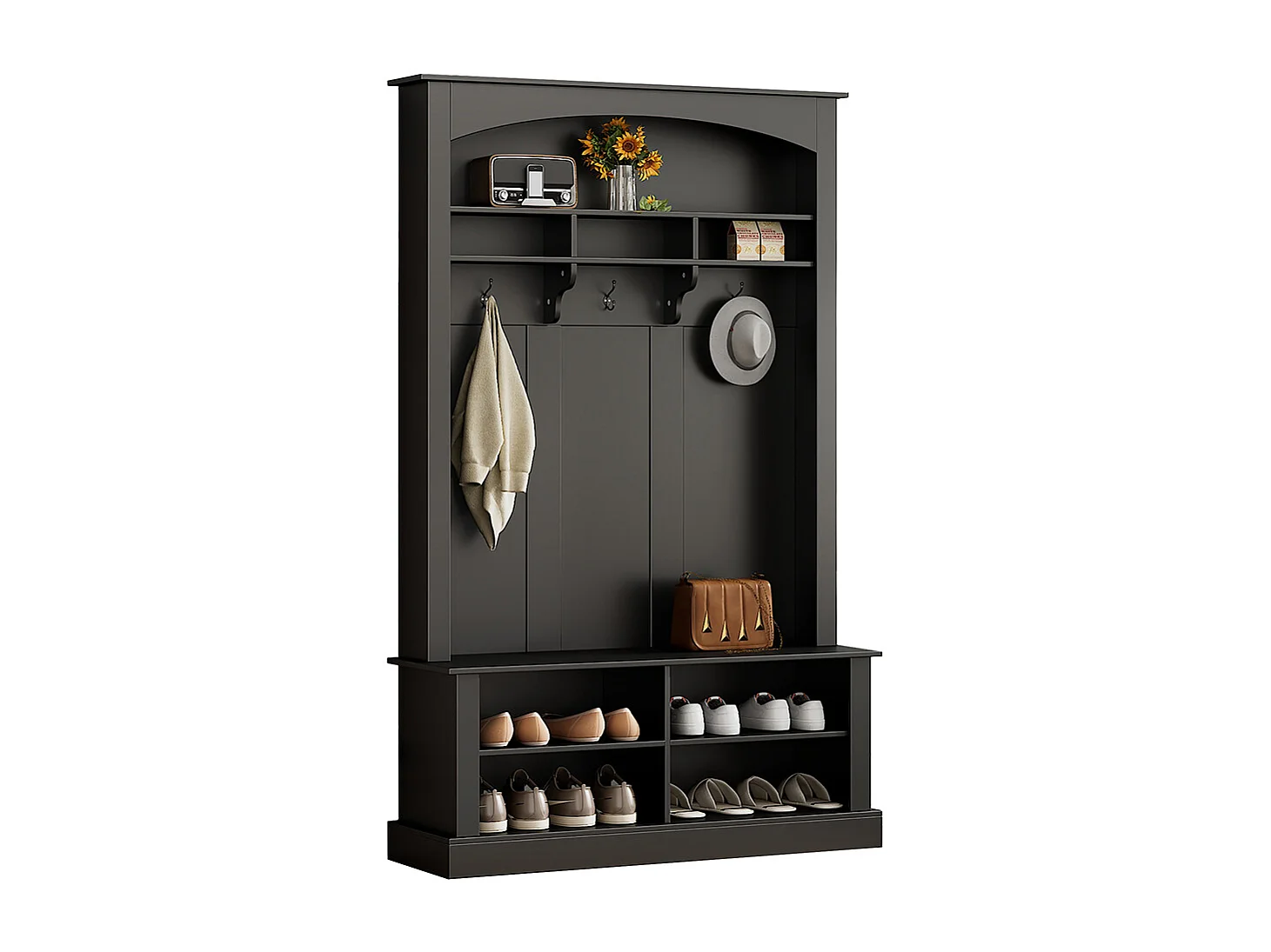 Vestiaire noir banc rangement chaussures multifonctionnel 3 crochets suspendus espace rangement ouvert étagères couloir