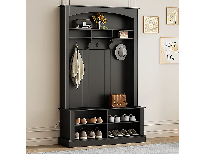 Vestiaire noir banc rangement chaussures multifonctionnel 3 crochets suspendus espace rangement ouvert étagères couloir