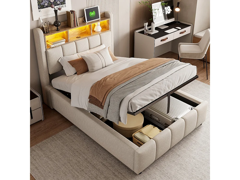 Lit coffre 90x200 avec éclairage LED et port USB tête de lit avec tablettes et espace de rangement avec espace de rangement hydraulique lin beige
