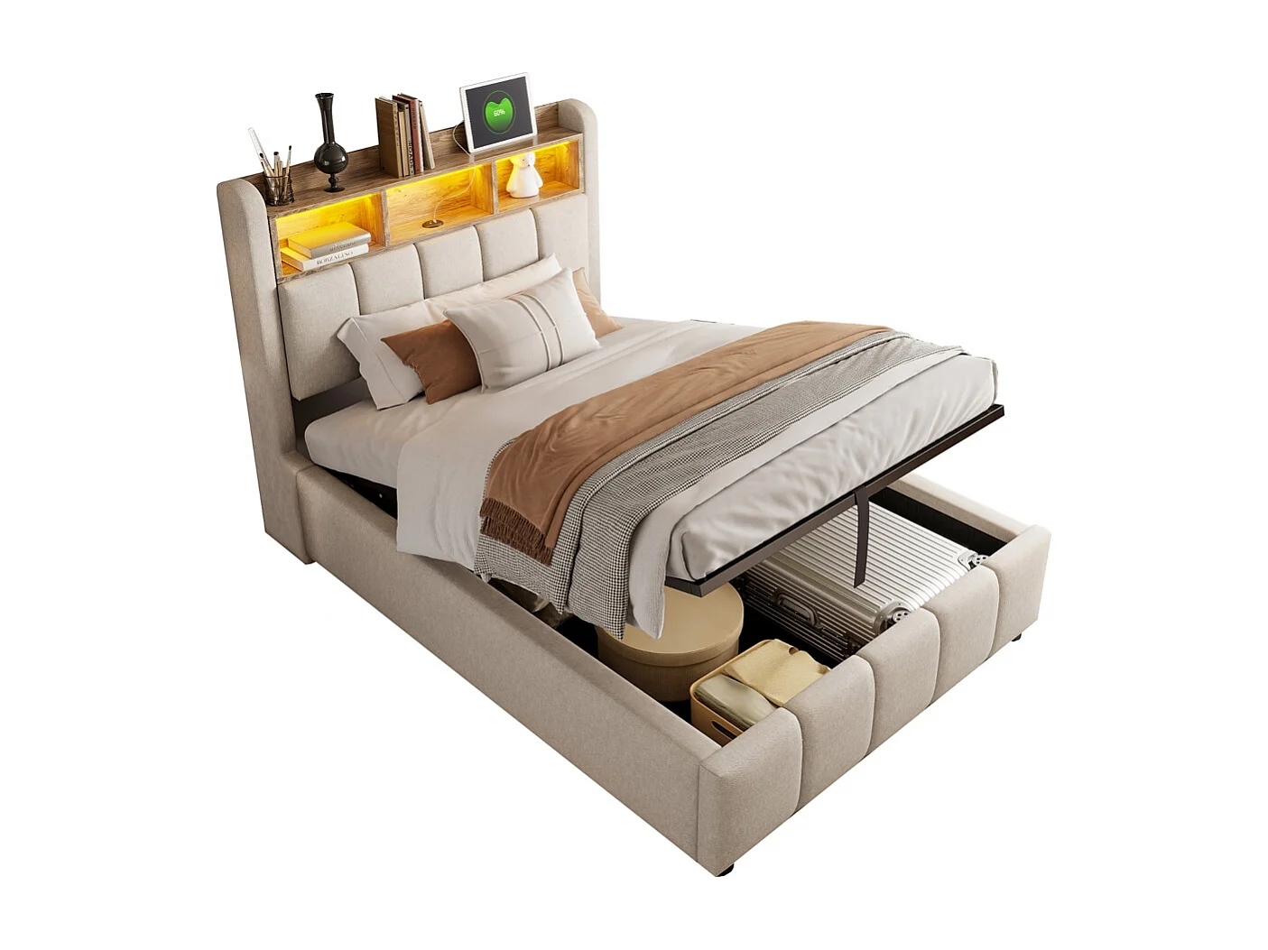 Lit coffre 90x200 avec éclairage LED et port USB tête de lit avec tablettes et espace de rangement avec espace de rangement hydraulique lin beige