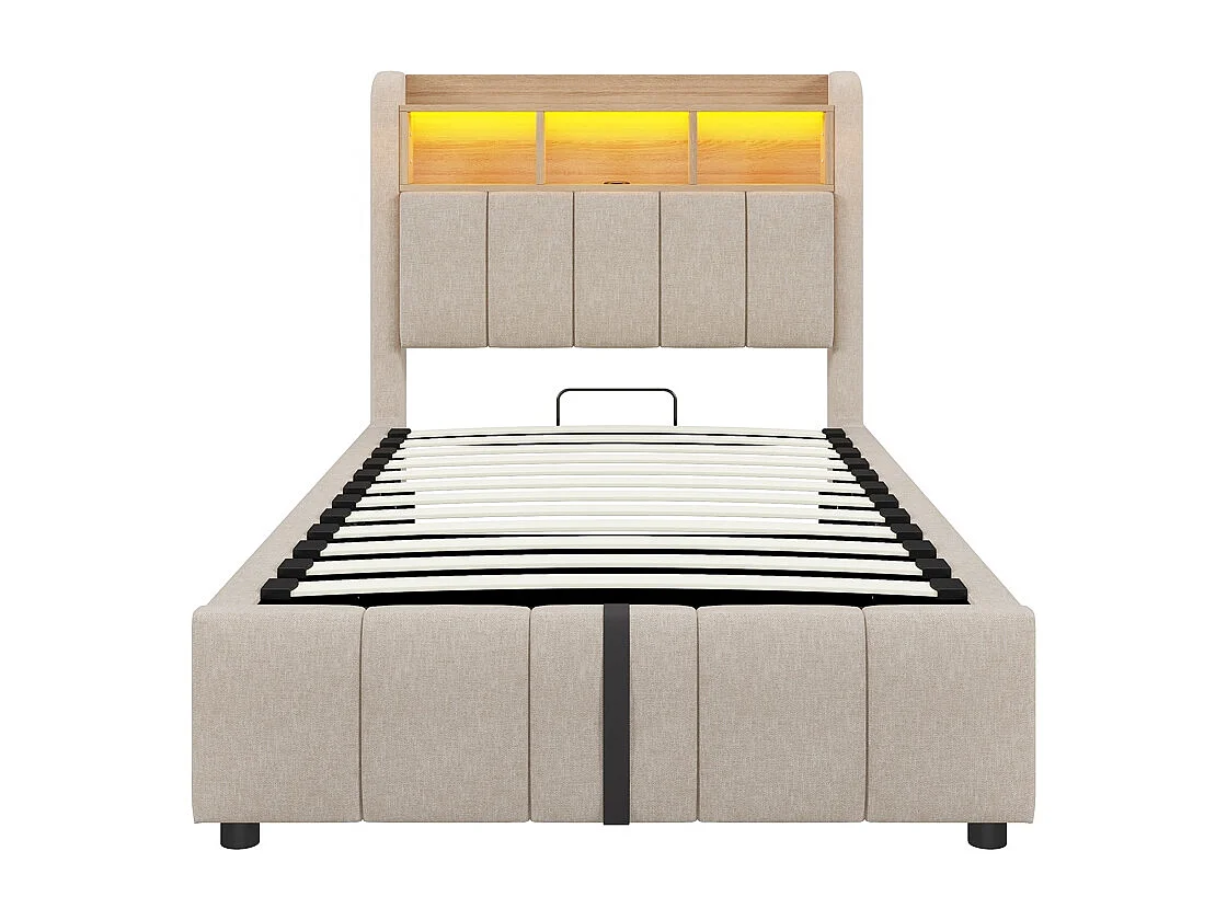 Lit coffre 90x200 avec éclairage LED et port USB tête de lit avec tablettes et espace de rangement avec espace de rangement hydraulique lin beige