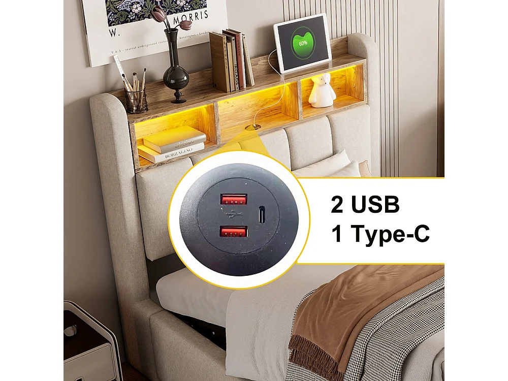Lit coffre 90x200 avec éclairage LED et port USB tête de lit avec tablettes et espace de rangement avec espace de rangement hydraulique lin beige