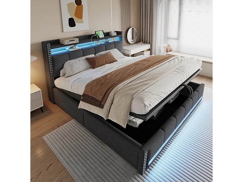 Lit coffre rembourré 180x200 avec éclairage LED et prise USB tête de lit avec étagères et espace de rangement tissu en lin gris