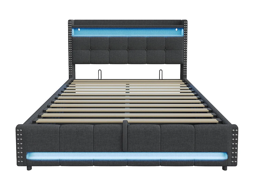 Lit coffre rembourré 180x200 avec éclairage LED et prise USB tête de lit avec étagères et espace de rangement tissu en lin gris