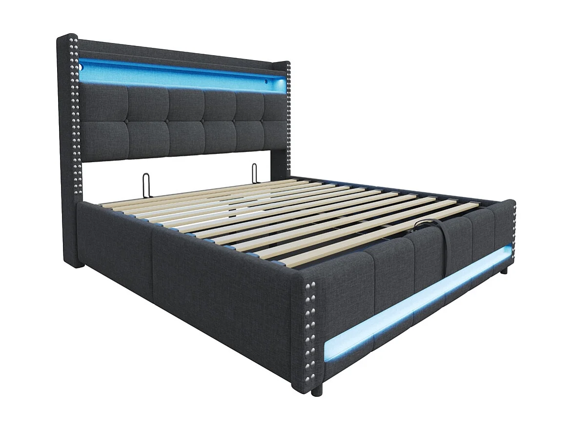 Lit coffre rembourré 180x200 avec éclairage LED et prise USB tête de lit avec étagères et espace de rangement tissu en lin gris