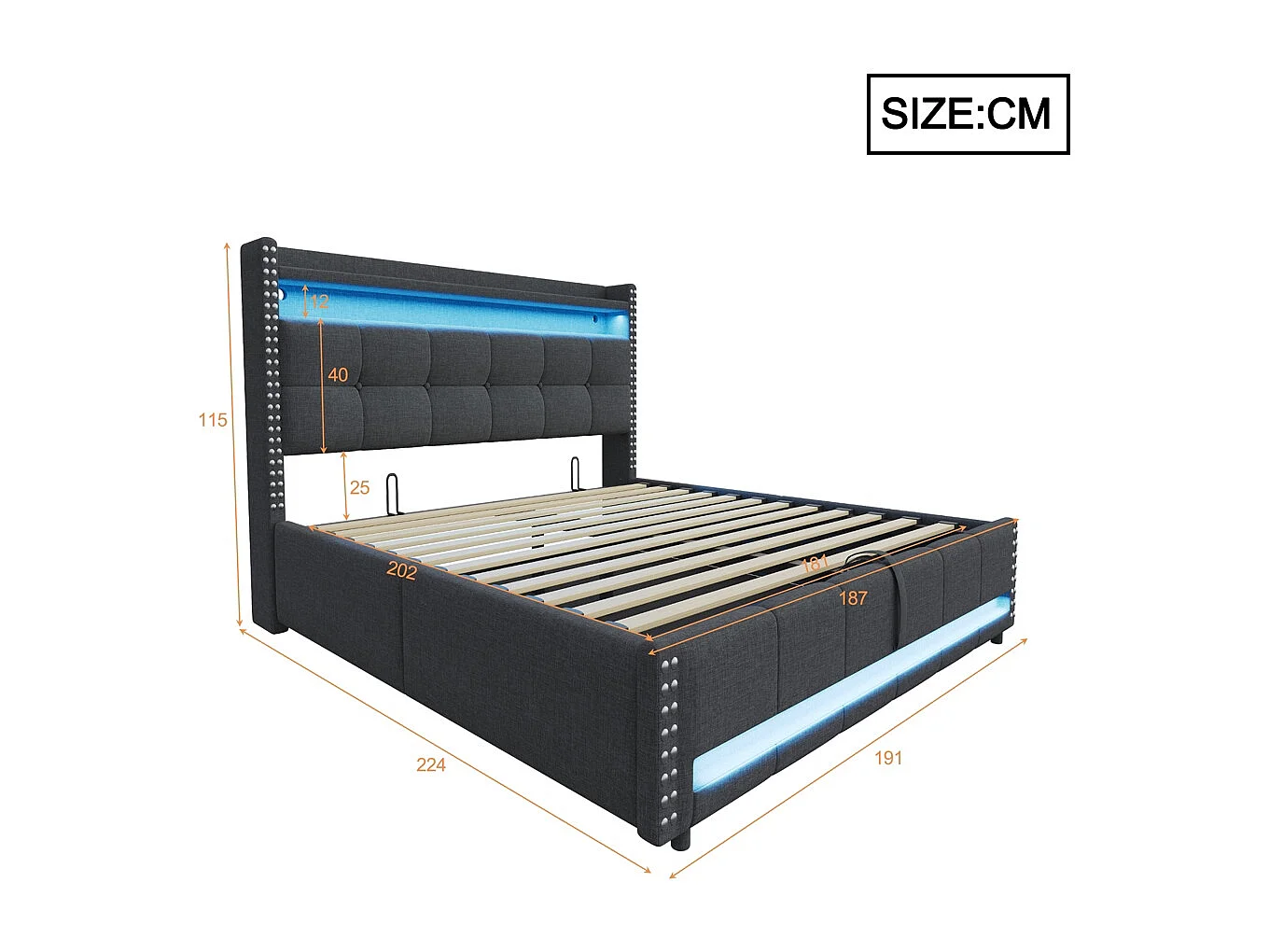 Lit coffre rembourré 180x200 avec éclairage LED et prise USB tête de lit avec étagères et espace de rangement tissu en lin gris