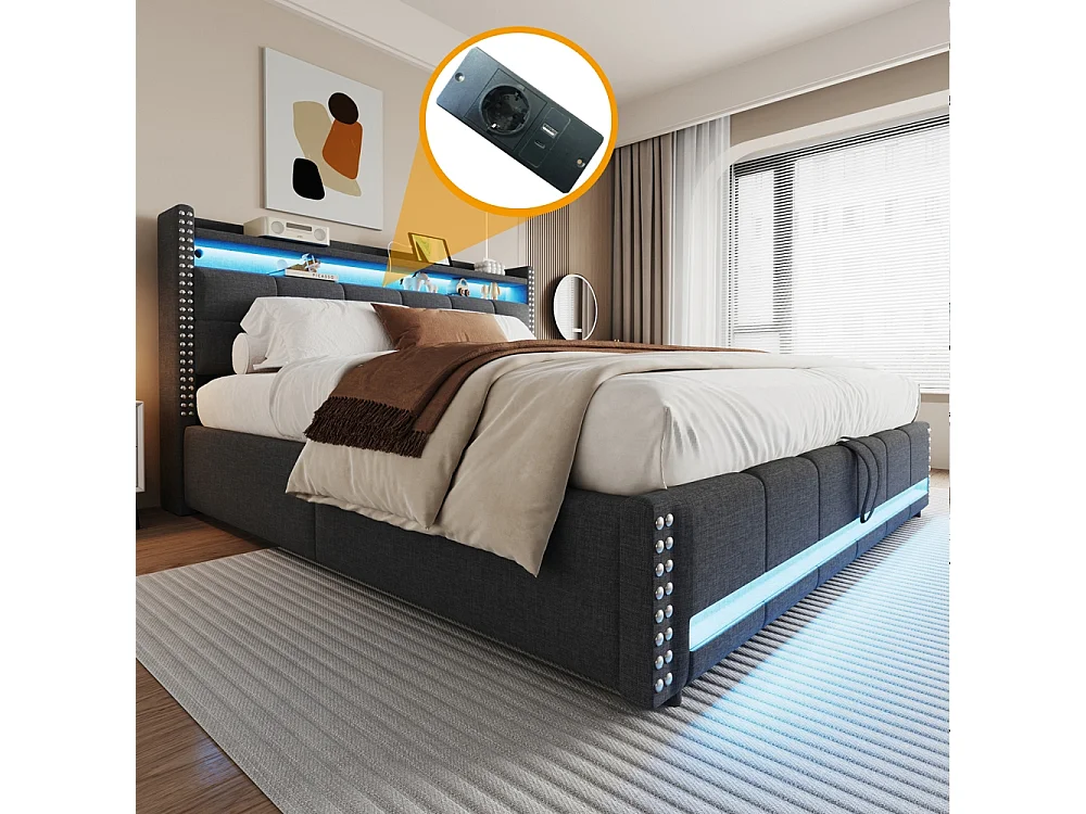 Lit coffre rembourré 180x200 avec éclairage LED et prise USB tête de lit avec étagères et espace de rangement tissu en lin gris