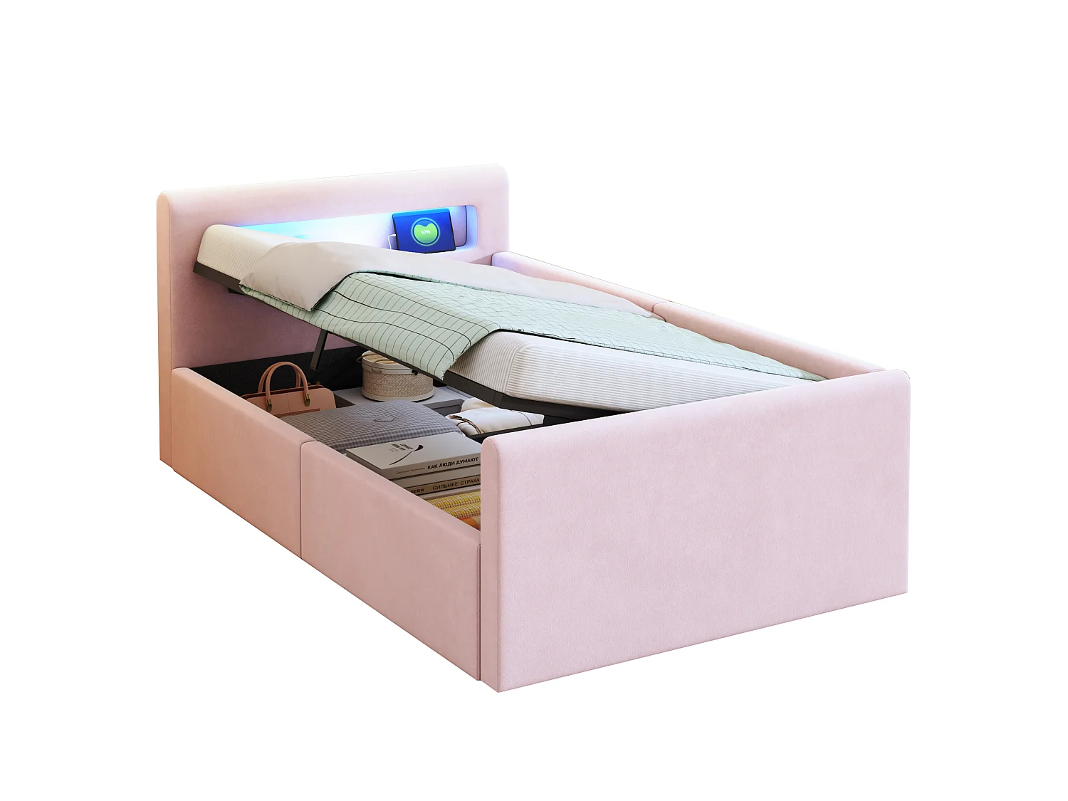 Lit coffre enfant rembourré 90x200 led veilleuse usb étagère rangement hydraulique velours rose - Sweiko