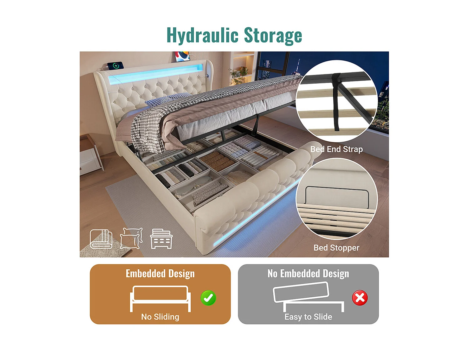 Lit coffre rembourré 140x200 cm avec éclairage LED tête de lit avec ports USB et Type-C beige velours