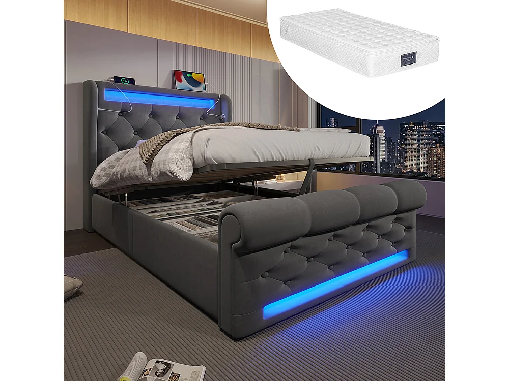 Lit coffre rembourré 90x200 cm avec éclairage LED tête de lit avec ports USB et Type-C gris velours avec matelas