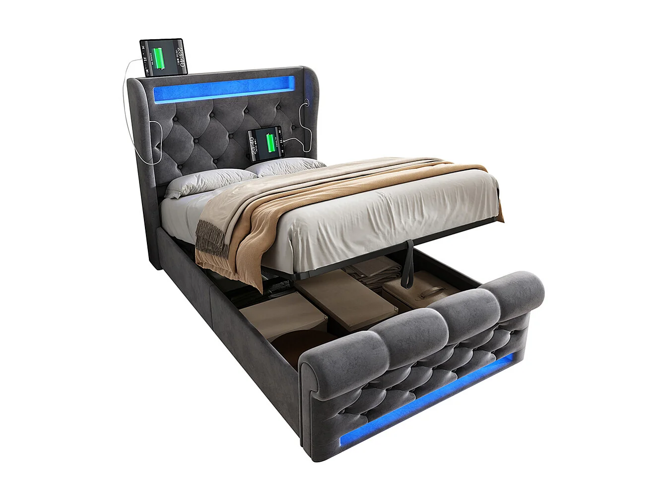 Lit coffre rembourré 90x200 cm avec éclairage LED tête de lit avec ports USB et Type-C gris velours avec matelas