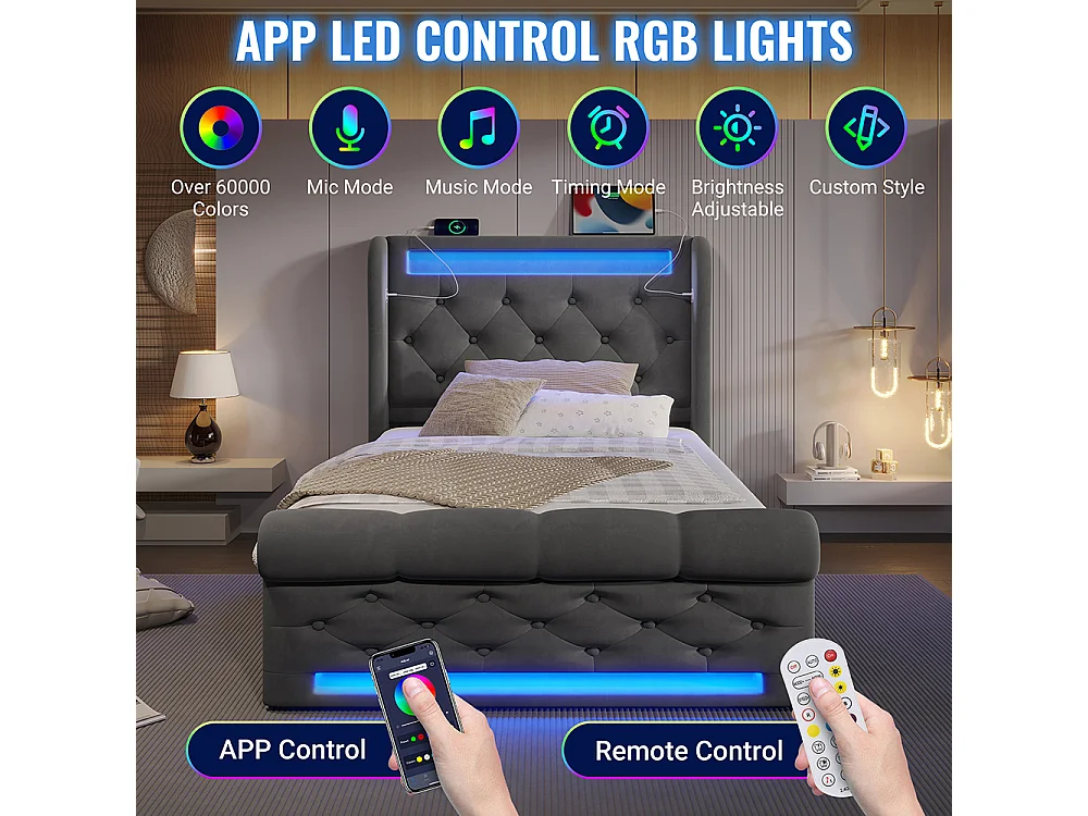 Lit coffre rembourré 90x200 cm avec éclairage LED tête de lit avec ports USB et Type-C gris velours avec matelas