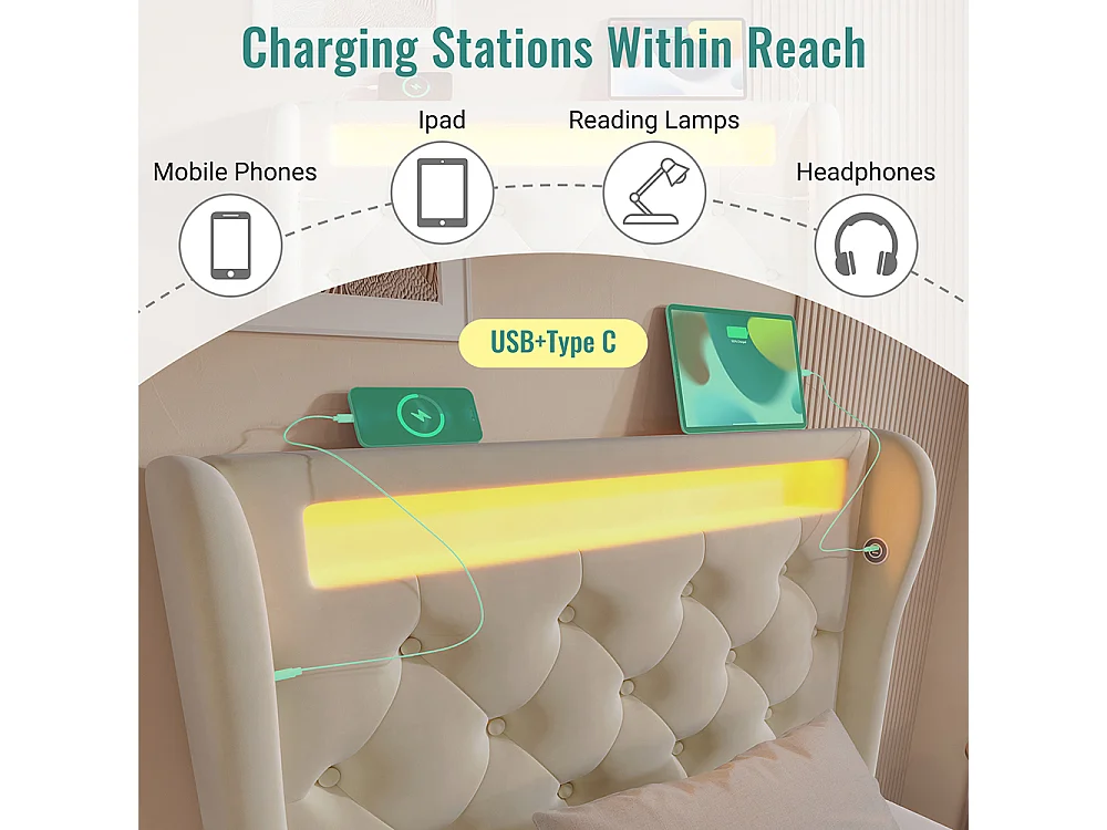 Lit coffre rembourré 90x200 cm avec éclairage LED tête de lit avec ports USB et Type-C beige velours