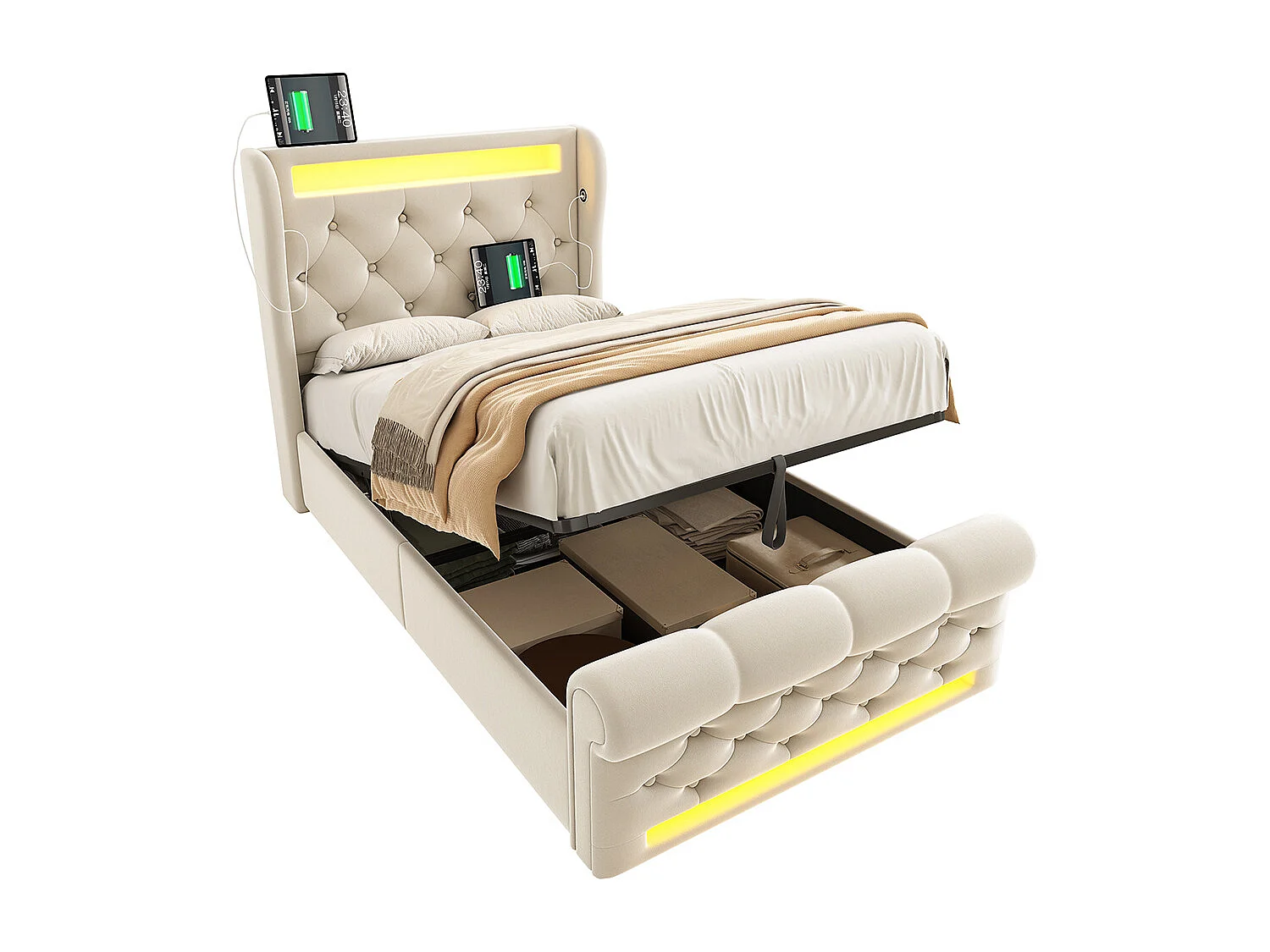 Lit coffre rembourré 90x200 cm avec éclairage LED tête de lit avec ports USB et Type-C beige velours