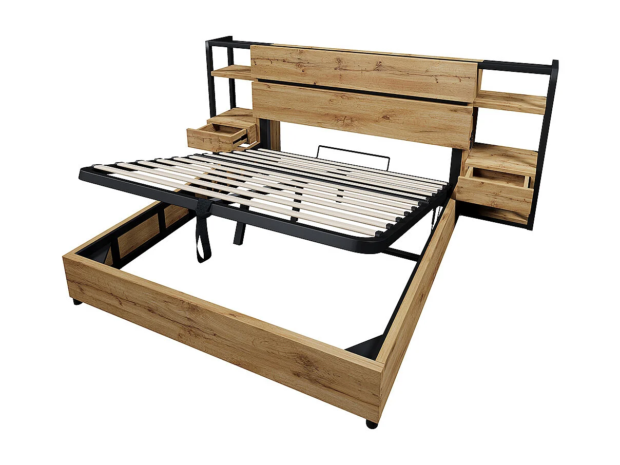 Lit coffre 160×200 cm tête de lit avec rangement tiroirs et ports USB et Type-C cadre de lit avec lattes en bois couleur chêne avec matelas