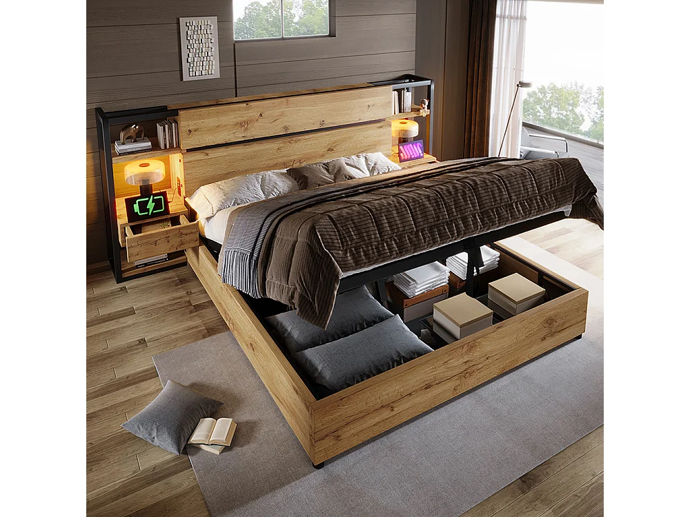 Lit coffre 180×200 cm tête de lit avec rangement tiroirs et ports USB et Type-C cadre de lit avec lattes en bois couleur chêne