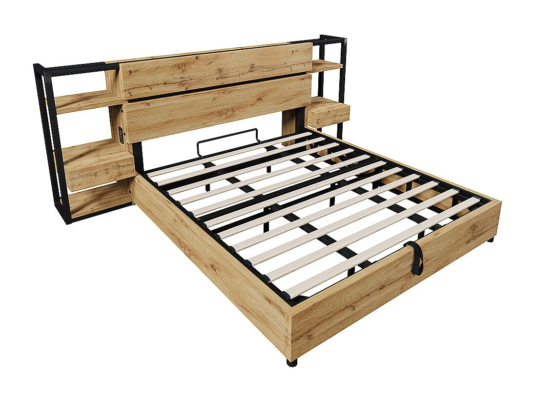 Lit coffre 180×200 cm tête de lit avec rangement tiroirs et ports USB et Type-C cadre de lit avec lattes en bois couleur chêne