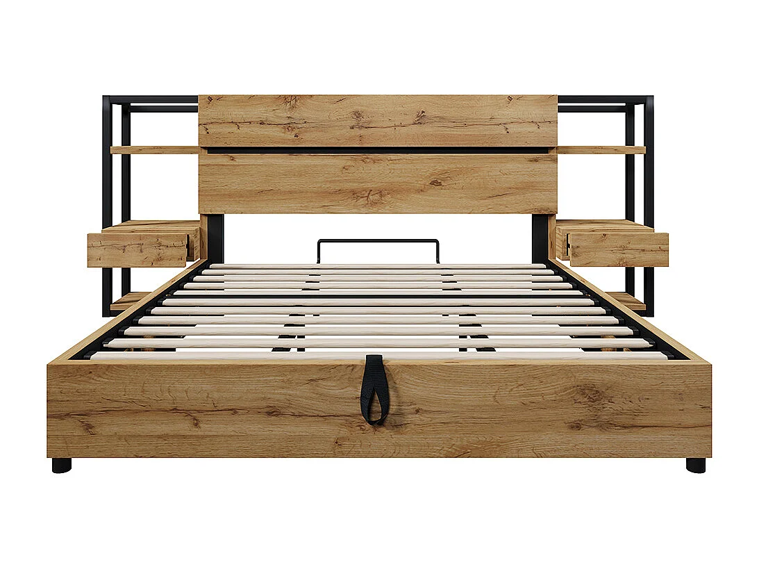 Lit coffre 180×200 cm tête de lit avec rangement tiroirs et ports USB et Type-C cadre de lit avec lattes en bois couleur chêne
