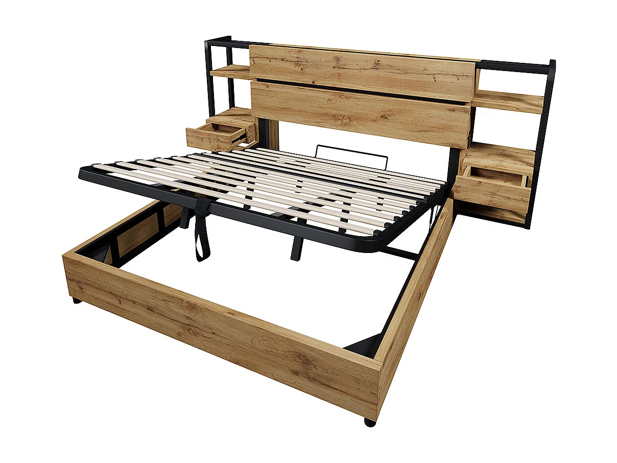 Lit coffre 180×200 cm tête de lit avec rangement tiroirs et ports USB et Type-C cadre de lit avec lattes en bois couleur chêne