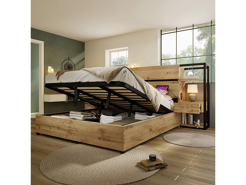 Lit coffre 180×200 cm tête de lit avec rangement tiroirs et ports USB et Type-C cadre de lit avec lattes en bois couleur chêne