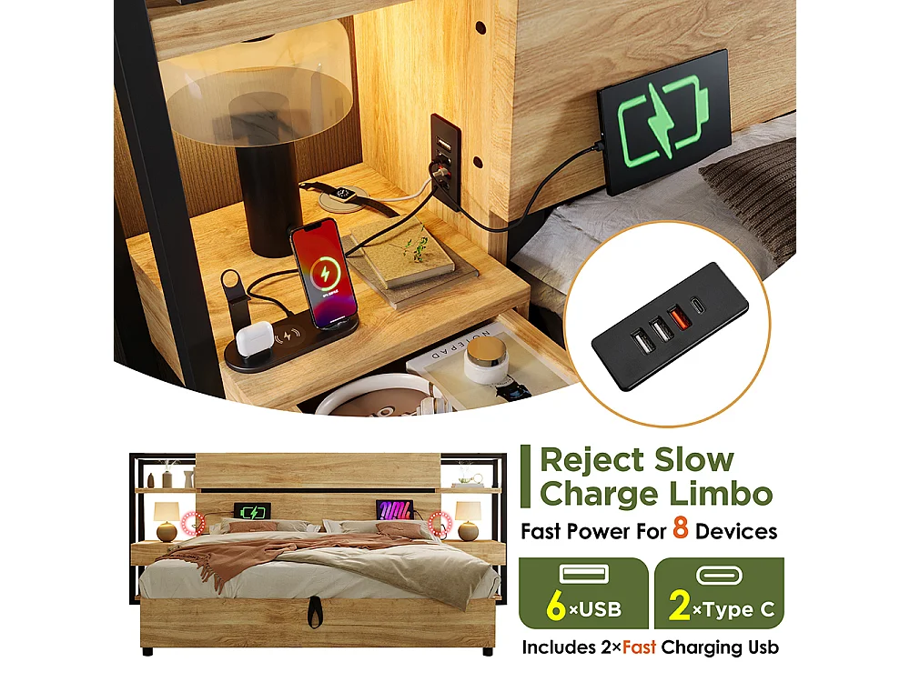 Lit coffre 180×200 cm tête de lit avec rangement tiroirs et ports USB et Type-C cadre de lit avec lattes en bois couleur chêne