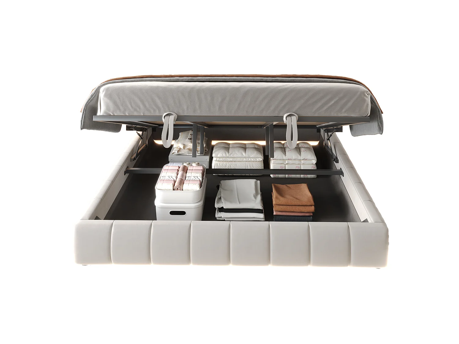 Lit coffre rembourré 180x200 sans tête lit bande led monochrome cadre flottant hydraulique rangement adolescent beige - Sweiko